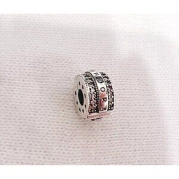 Sterling Silver Charms, Pandora logo Sparkling Pav�� Lines and Logo Clip S925ALE - Picture 3 of 7